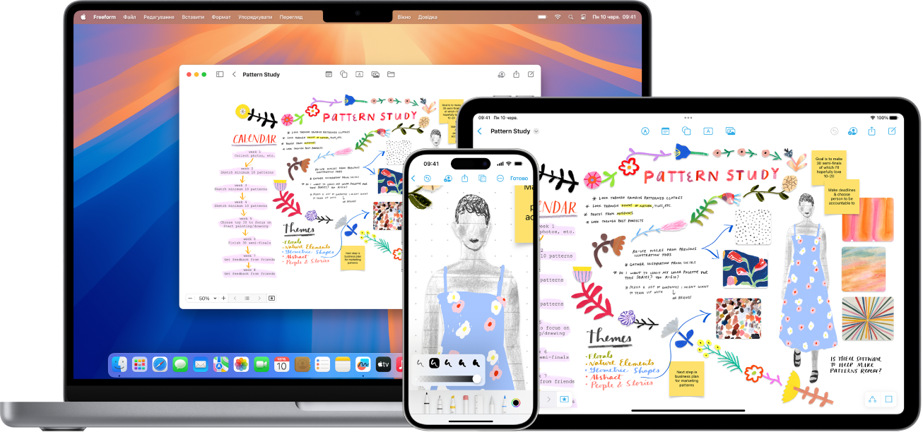 Mac, iPad та iPhone з відкритою однаковою дошкою Freeform.