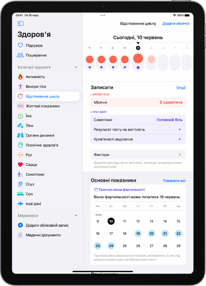 Екран «Відстеження циклу», на якому вгорі показано часову шкалу для одного тижня. Суцільними червоними кругами й бузковими точками позначено перші 5 днів на шкалі часу. Під часовою шкалою наведено опції для додавання інформації про місячні, симптоми тощо.