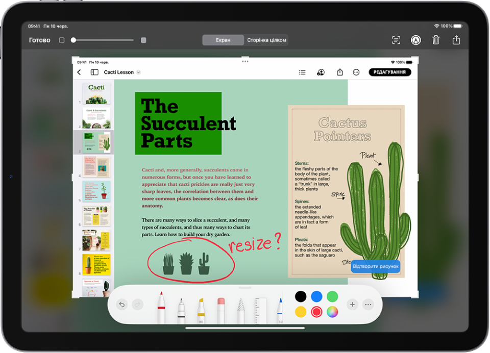 Знімок екрана з документом Pages, що містить анотовані коментарі, написані червоним маркером.