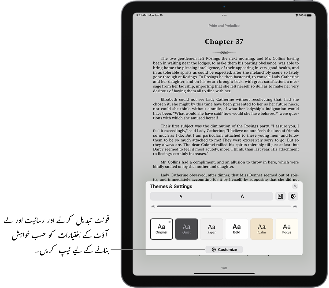 کتاب ایپ میں کتاب کا صفحہ۔ فونٹ سائز، اسکرولنگ ویو،صفحہ پلٹنے کا اسٹائل، برائٹنس اور فونٹ اسٹائل کے کنٹرول دکھانے والے تھیم اور سیٹنگ کے اختیارات۔