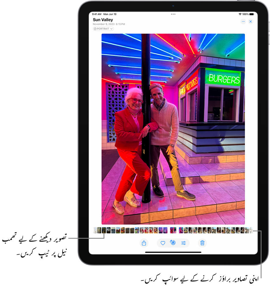 تصویر ایپ فُل اسکرین میں تصویر دکھا رہا ہے۔ اسکرین کے نچلے حصے میں لائبریری سے دیگر تصاویر کے تھمب نیل ہیں۔