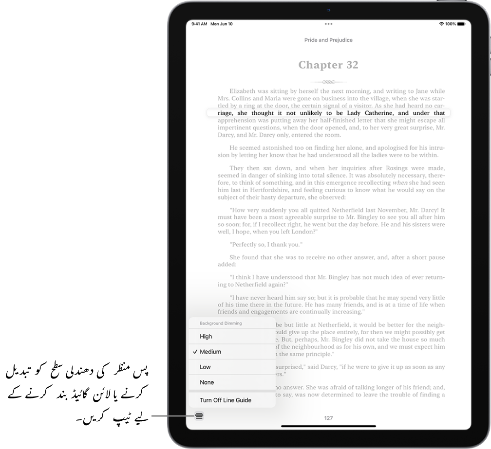کتاب ایپ میں کتاب کا صفحہ۔ ہائی لائٹ کی گئی متن کی ایک لائن اور دھندلا کیا گیا باقی متن۔ اسکرین کے نچلے بائیں کونے میں موجود لائن گائیڈ مینو بٹن۔