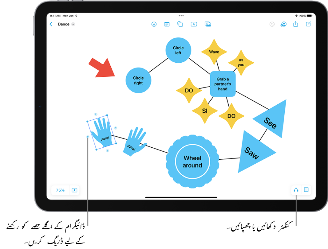 ‏Freeform بورڈ پر ایک ڈائگرام جس میں کنکٹر منتخب کردہ شکل پر دکھائے گئے ہیں اور شکل کے فارمیٹنگ ٹول اس کے اوپر دکھائی دے رہے ہیں۔