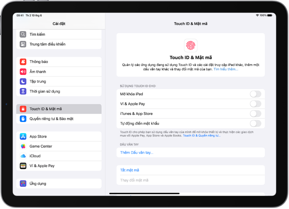 Một màn hình đang hiển thị cài đặt cho Touch ID & Mật mã với các tùy chọn để thêm dấu vân tay và bật mật mã.