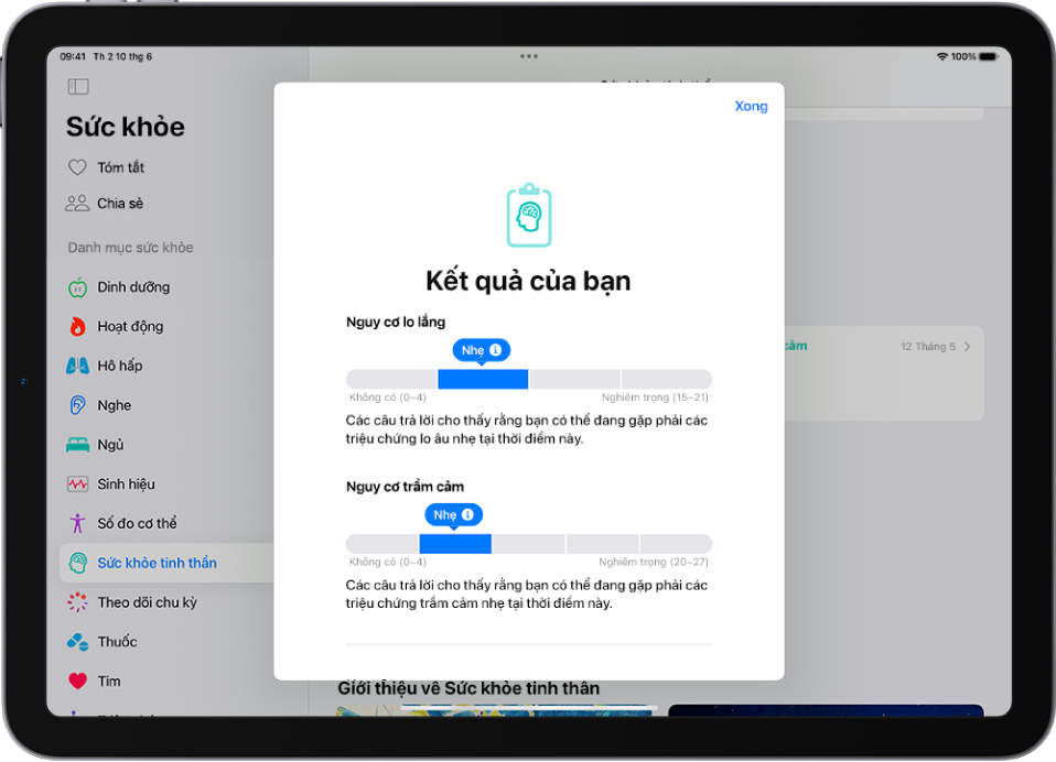 Một màn hình trong ứng dụng Sức khỏe đang hiển thị kết quả của bảng câu hỏi sức khỏe tinh thần.