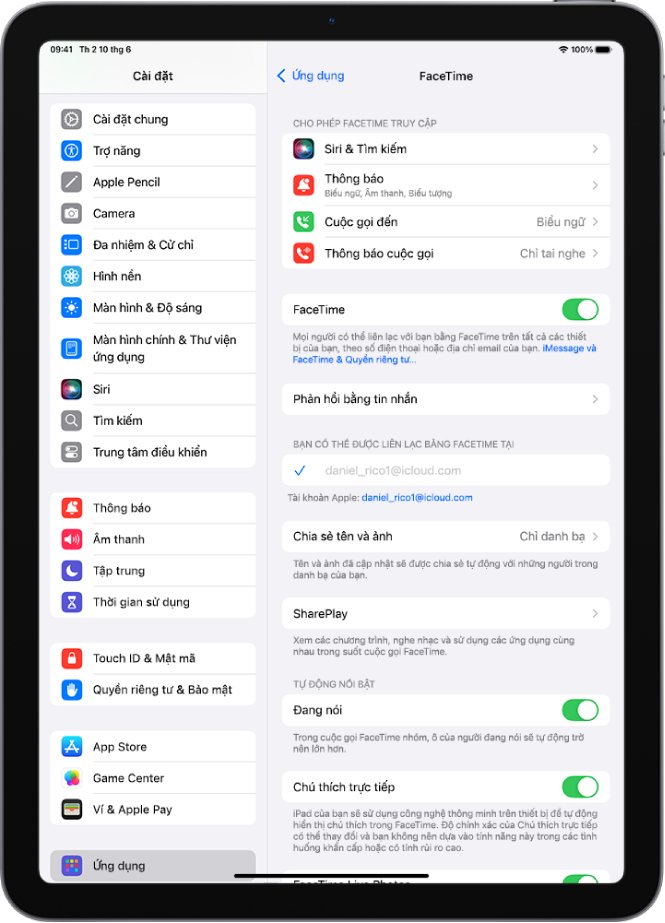 Màn hình Cài đặt FaceTime, đang hiển thị điều khiển để bật hoặc tắt FaceTime và Tài khoản Apple đang được sử dụng cho FaceTime.
