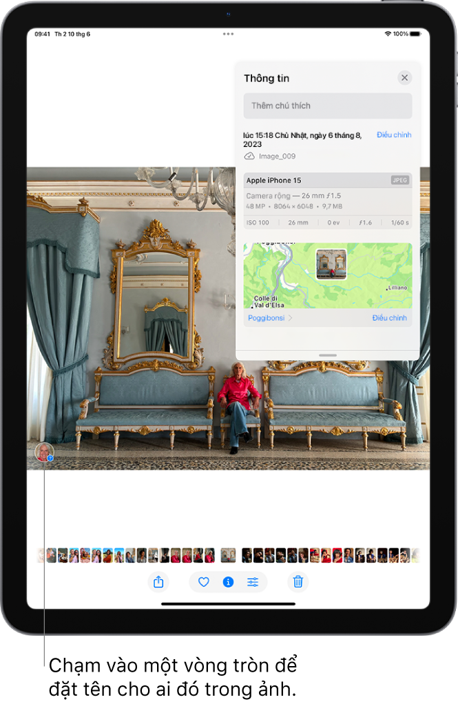 Màn hình iPad hiển thị một ảnh được mở trong ứng dụng Ảnh. Ở góc dưới cùng bên trái của ảnh là hình thu nhỏ được đặt tên của người xuất hiện trong ảnh.