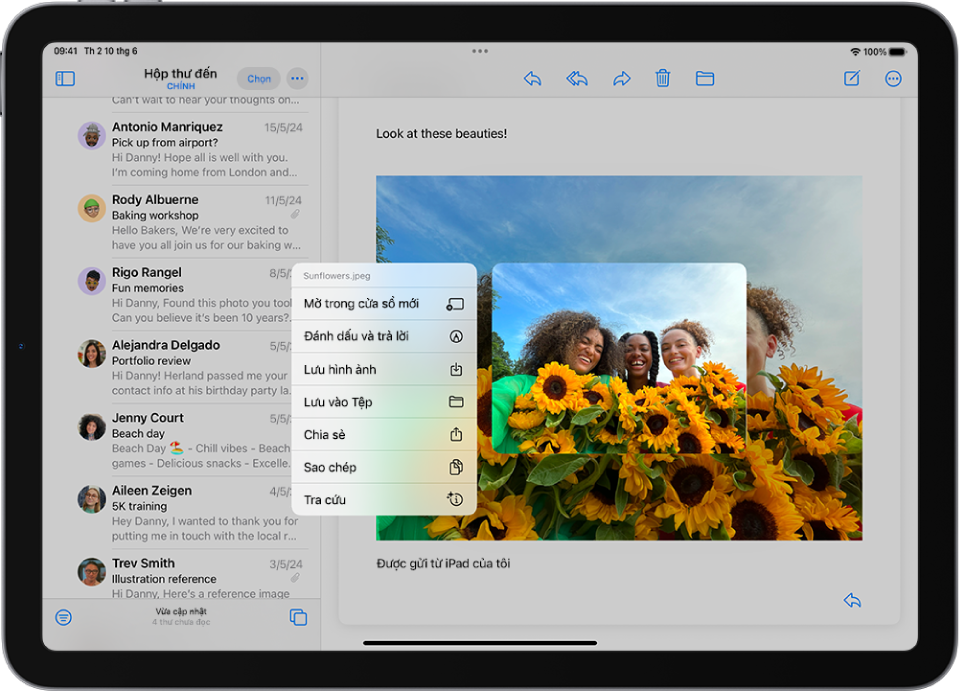 Một tệp đính kèm email được chọn với các tác vụ có thể sử dụng được liệt kê.