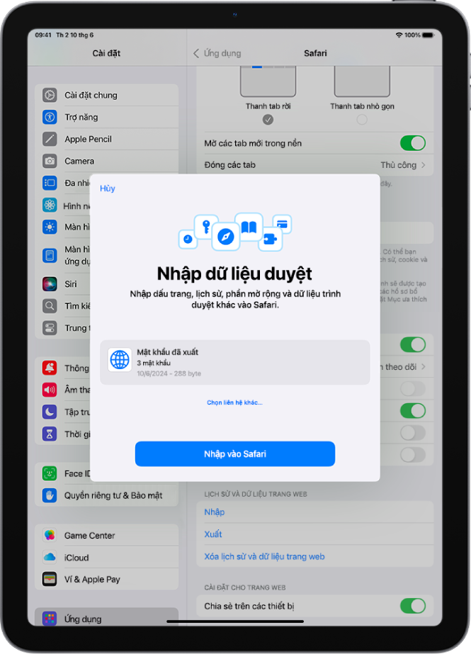 Màn hình Nhập dữ liệu duyệt đang hiển thị tệp CSV của mật khẩu từ một trình quản lý mật khẩu khác sẽ được nhập.