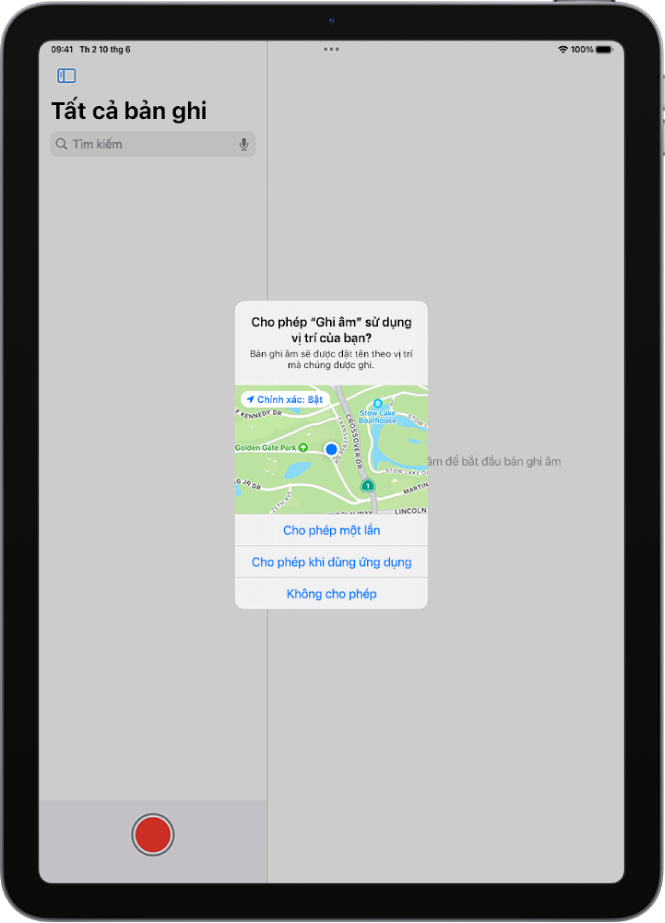 Một yêu cầu từ một ứng dụng để sử dụng dữ liệu vị trí trên iPad. Các tùy chọn là Cho phép một lần, Cho phép khi dùng ứng dụng và Không cho phép.