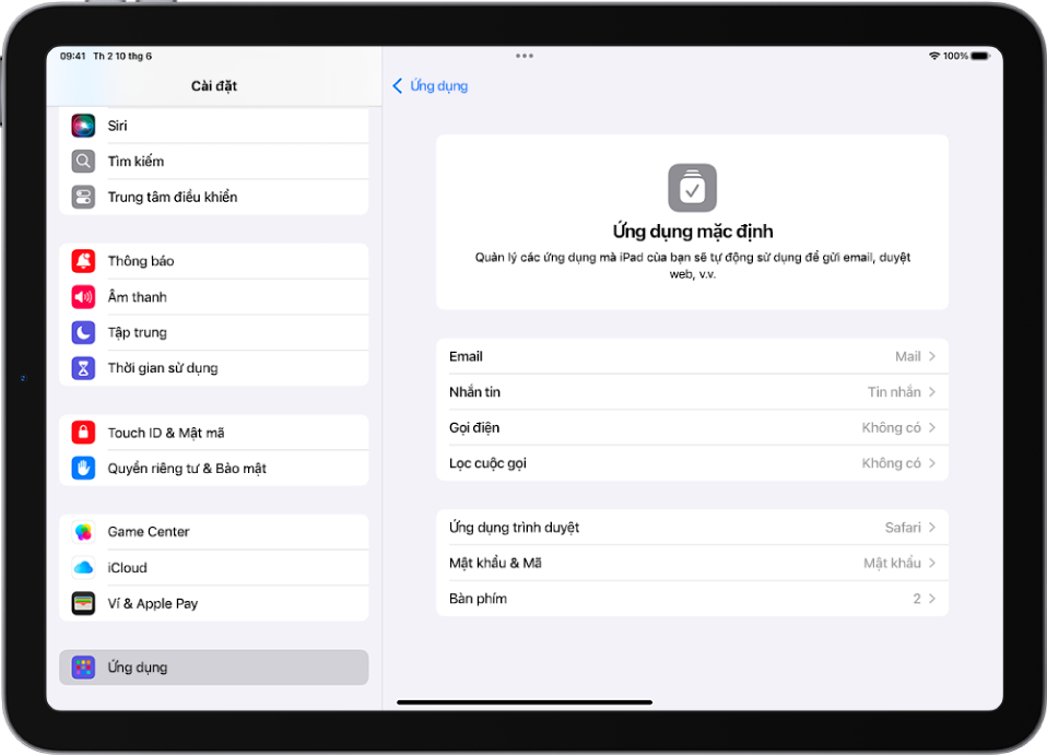Màn hình để thay đổi ứng dụng mặc định cho việc gửi email, duyệt web, v.v.