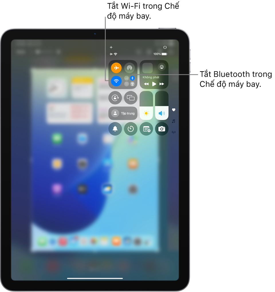 Trung tâm điều khiển của iPad đang hiển thị Chế độ máy bay được bật. Các nút để tắt Wi-Fi và Bluetooth ở gần góc phía trên bên trái của Trung tâm điều khiển. Chạm vào biểu tượng Bluetooth để tắt Bluetooth trong Chế độ máy bay. Chạm vào biểu tượng Wi-Fi để tắt Wi-Fi trong Chế độ máy bay.