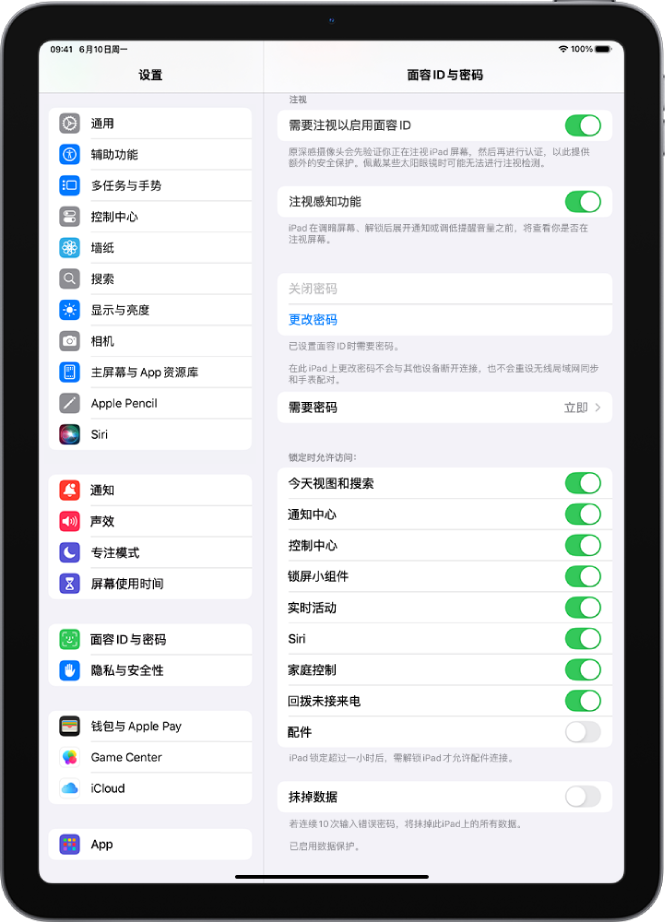 “面容 ID 与密码”设置，显示 iPad 锁定时允许访问特定功能的选项。
