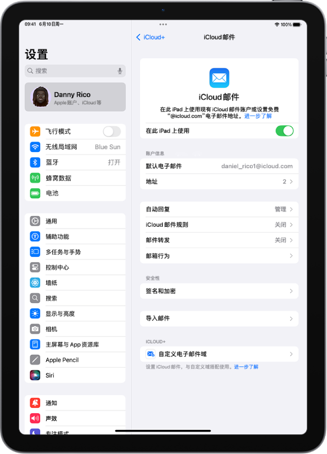 “设置” App,打开至“iCloud 邮件”屏幕。“自定义电子邮件域”位于菜单底部。