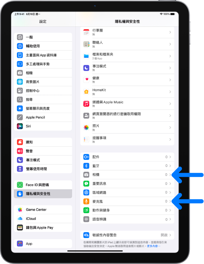 「隱私權與安全性」畫面，顯示用於控制 App 是否能使用相機、麥克風和 iPad 其他部件的設定。