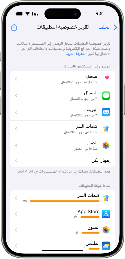 يسرد تقرير خصوصية التطبيقات معلومات حول التطبيقات لفئة الوصول إلى البيانات وأجهزة الاستشعار، ومعلومات حول ثلاثة تطبيقات لفئة نشاط شبكة التطبيقات.