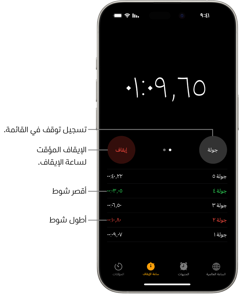 ساعة الإيقاف في تطبيق الساعة وتعرض الوقت الإجمالي المنقضي في حدث ما، وتظهر أسفلها عدة دورات مدرجة ضمن هذا الحدث.