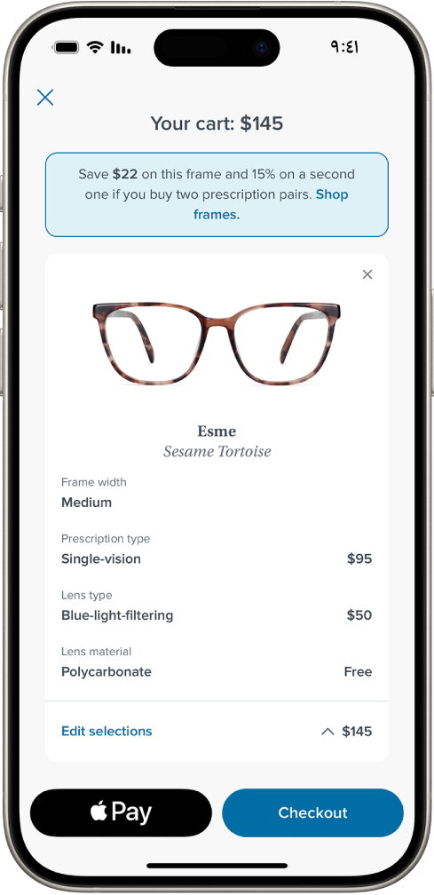 عربة التسوق الخاصة بتطبيق تعرض أسعار العناصر المحددة. يظهر زر Apple Pay في الجزء السفلي الأيمن.