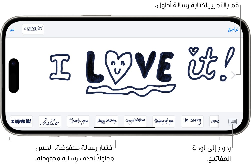 لوحة قماشية لإنشاء رسالة مكتوبة بخط اليد. بطول الجزء السفلي، من اليمين إلى اليسار، تظهر عناصر محفوظة مكتوبة بخط اليد وزر لوحة المفاتيح.