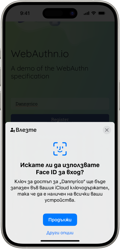 Долната част на екрана на iPhone ви дава опцията да използвате ключове за достъп за вход в уеб сайт. Има бутон Продължи за запазване на ключ за достъп и бутон Други опции.