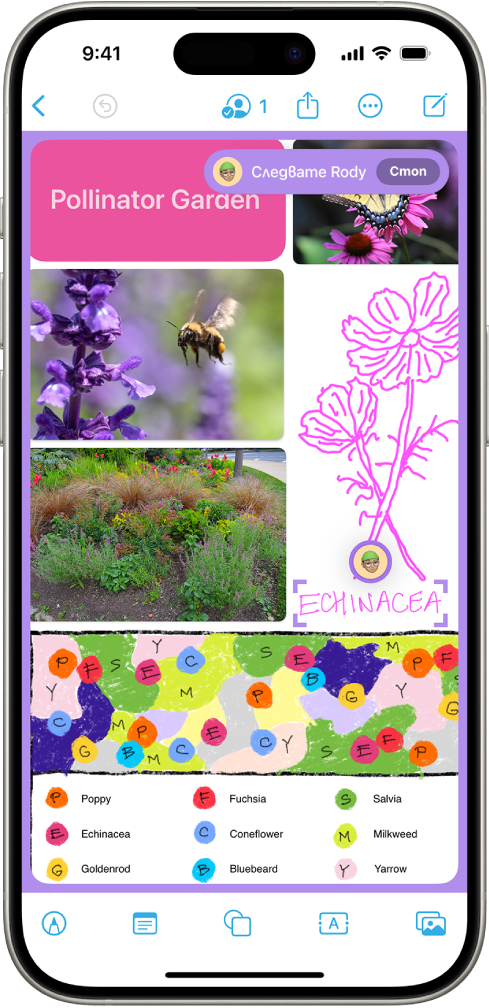 Приложението Freeform, което показва някого, който е следван, както и неговия изглед, аватар и избран елемент, маркиран в лилаво.