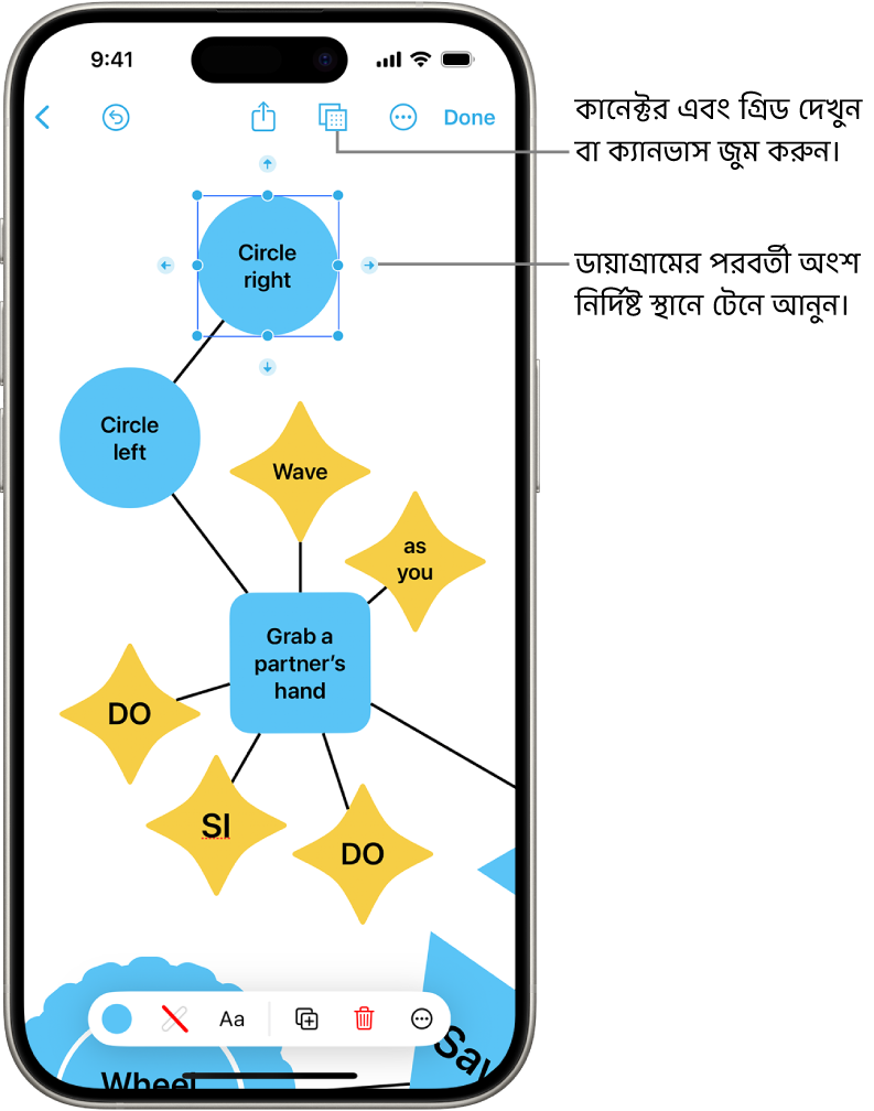 Freeform বোর্ডে একটি ডায়াগ্রাম, যেখানে একটি নির্বাচিত আকৃতিতে কানেক্টর দেখা যাচ্ছে এবং স্ক্রিনের নিচে আকৃতির ফরম্যাটিং টুল দেখা যাচ্ছে।