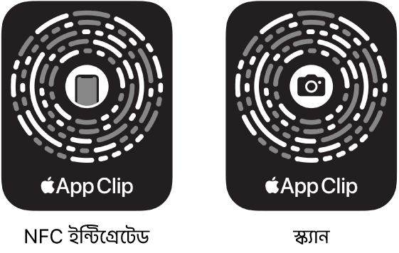 বামদিকে, মাঝখানে iPhone আইকনসহ একটি NFC ইন্টিগ্রেটেড অ্যাপ ক্লিপ কোড রয়েছে। ডানদিকে, মাঝখানে ক্যামেরা আইকনসহ শুধুমাত্র স্ক্যান করার জন্য একটি অ্যাপ ক্লিপ কোড রয়েছে।
