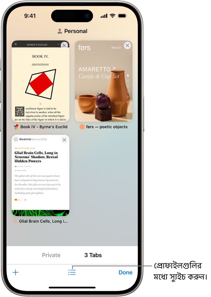 iPhone স্ক্রিনে খোলা Safari ট্যাব দেখানো হচ্ছে। স্ক্রিনের নিচে একটি Safari ট্যাব গ্রুপ আইকন আছে। এক প্রোফাইল থেকে অন্য প্রোফাইলে স্যুইচ করতে আইকনে ট্যাপ করুন।