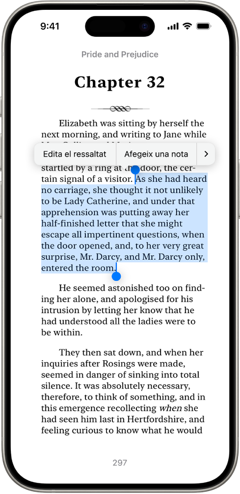 Pàgina d’un llibre a l’app Llibres amb una part del text de la pàgina seleccionada. Els controls “Ressalta”, “Afegeix una nota” i “Tradueix” són a sobre del text seleccionat.