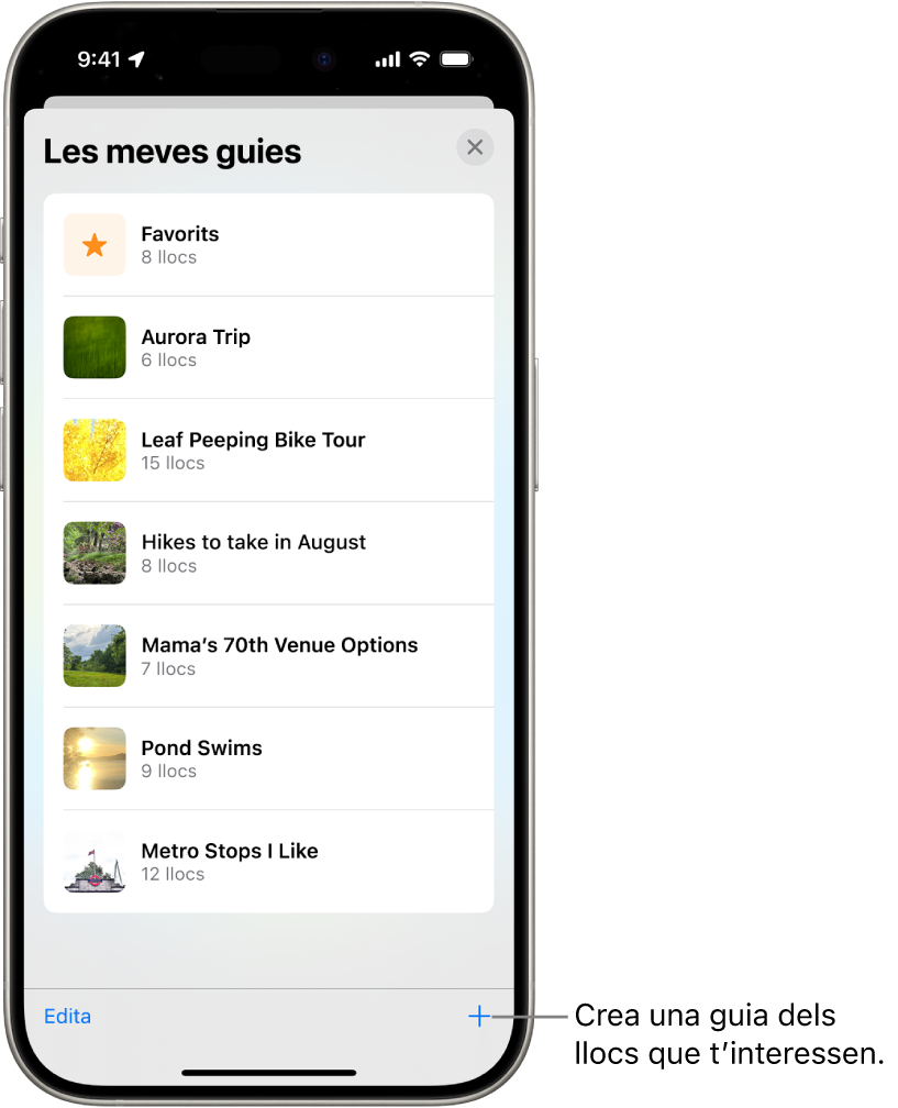Una llista de diverses guies personalitzades a l’app Mapes, inclosa la categoria “Favorits” i el botó “Nova guia” a la part inferior dreta.