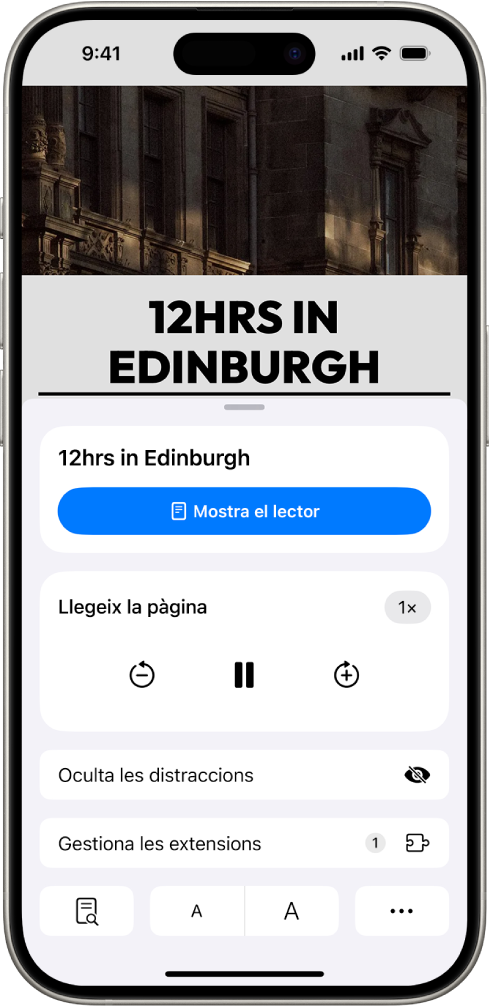 Al Safari hi ha un lloc web obert. El botó “Configuració de la pàgina” està seleccionat i es mostren els controls de reproducció.