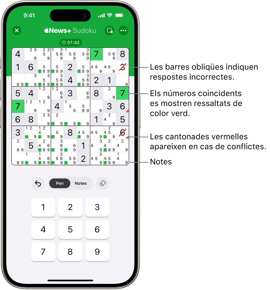 Un sudoku amb diferents funcions activades: notes, xifres coincidents ressaltades, conflictes i comprovació automàtica.