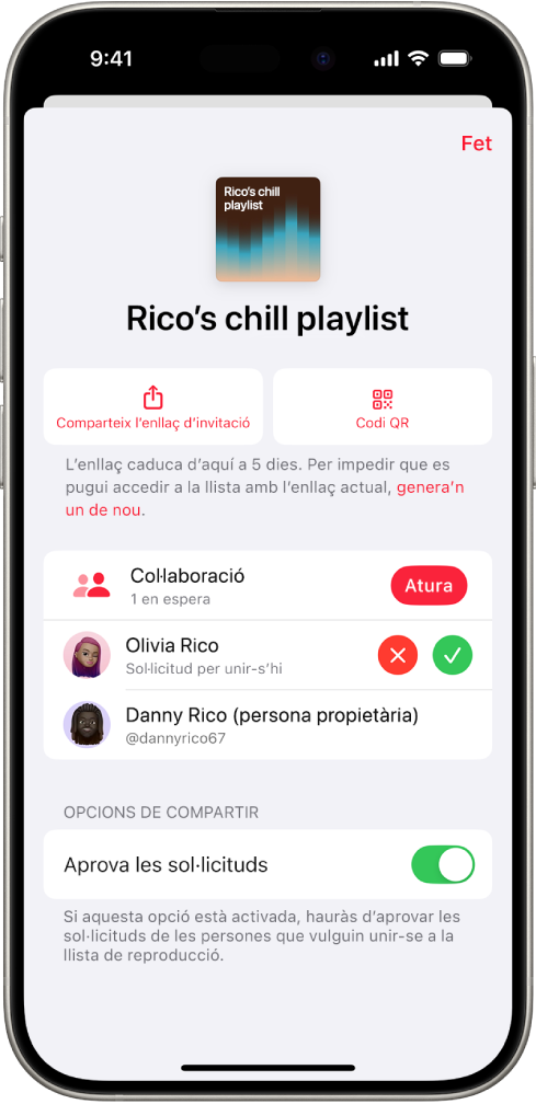 La pantalla “Gestió de la col·laboració” a l’app Música.