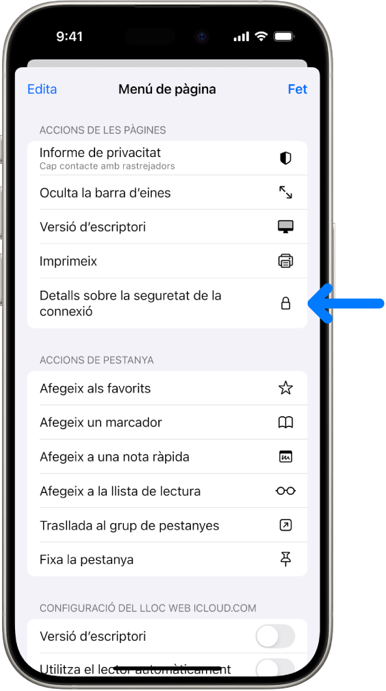 El menú “Configuració de la pàgina” és obert al Safari i, a la meitat de la pàgina, hi ha el control “Detalls sobre la seguretat de la connexió”.