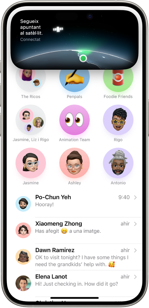 Avís per connectar-se a un satèl·lit que apareix quan s’obre l’app Missatges en un iPhone 14 o posterior i no es té cobertura mòbil o de Wi-Fi.