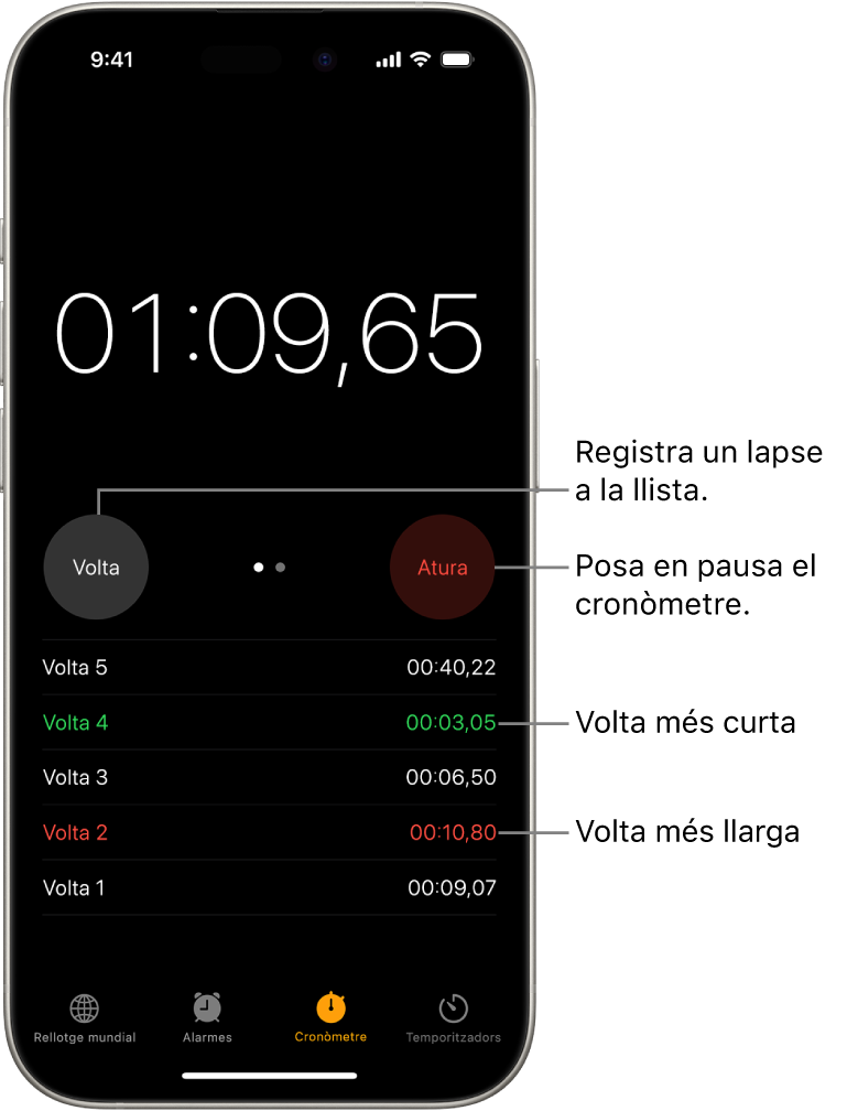 Un cronòmetre de l’app Rellotge mostra el temps total transcorregut en una acció i, a sota, hi apareixen diverses voltes d’aquesta acció.