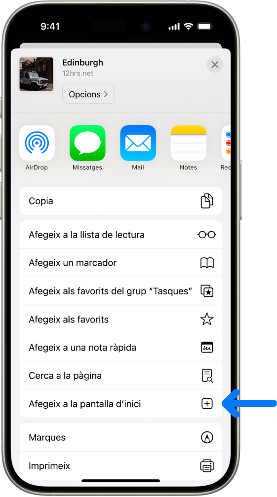 Al Safari, es toca el botó de compartir en un lloc web i es mostra una llista d’opcions, com ara “Afegeix a la pantalla d’inici”.