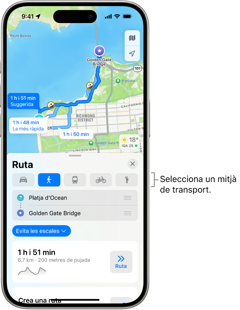 Un mapa que mostra diverses opcions de rutes en cotxe entre dues ubicacions, amb botons per seleccionar altres modes de transport, canviar el punt d’inici i la destinació i veure les indicacions com a passos.