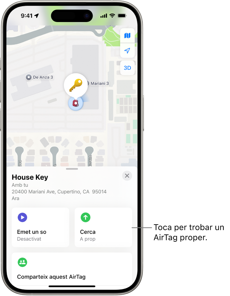 L’app Cerca oberta que mostra les claus de l’Adrià al Golden Gate Park. Toca el botó “Cerca” per localitzar un AirTag proper.
