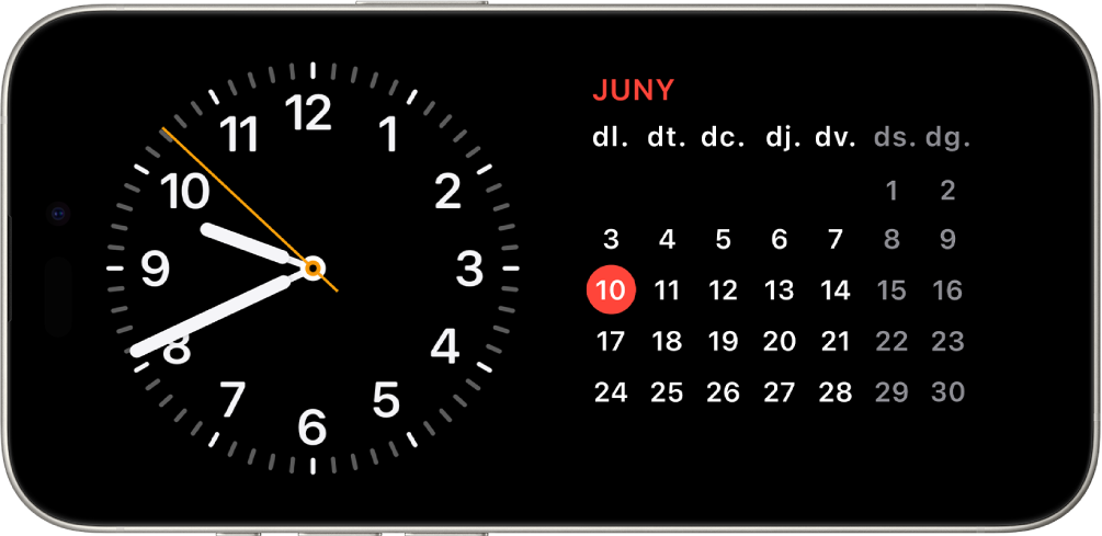 iPhone en posició horitzontal. A l’esquerra de la pantalla es mostra un rellotge i, a la dreta, la data.