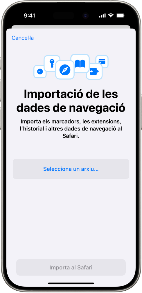 La pantalla d’importació de dades de navegació, en què es mostren les dades d’un altre navegador que s’importaran al Safari.