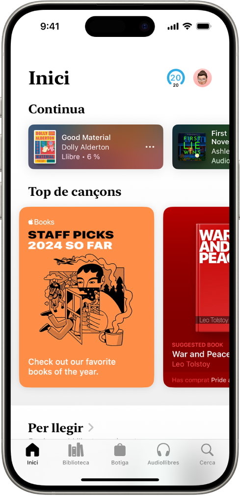 La pantalla d’inici de l’app Llibres. A la part inferior de la pantalla hi ha, d’esquerra a dreta, les pestanyes “Inici”, “Biblioteca”, “Botiga”, “Audiollibres” i “Cerca”. La pestanya “Inici” està seleccionada.