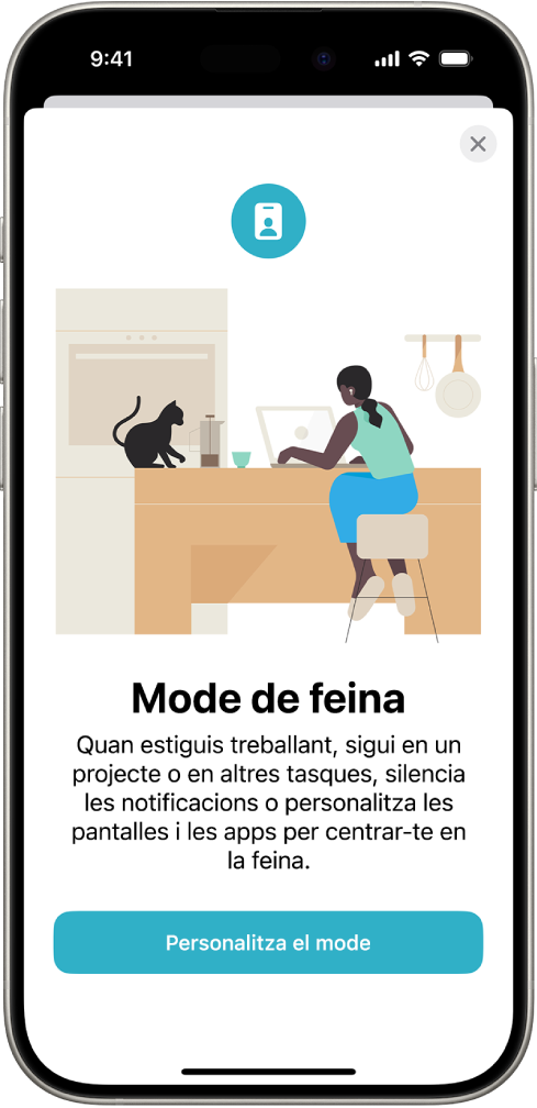 Una pantalla mostra quatre opcions de concentració disponibles: “No molestar”, “Temps lliure”, “Dormir” i “Feina”. El botó “Comparteix entre dispositius” permet fer servir la mateixa configuració de mode de concentració en tots els dispositius Apple en què hagis iniciat la sessió amb el mateix compte d’Apple.