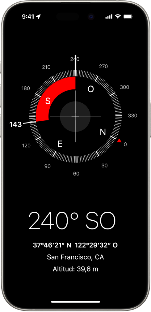 La pantalla de l’app Brúixola mostra en quina direcció està apuntant l’iPhone, la teva ubicació actual i l’elevació.