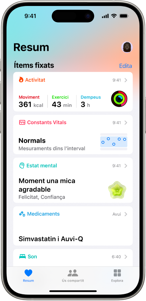 Pantalla de resum de l’app Salut. La informació sobre activitat, constants vitals, estat mental i medicació apareix a sota dels ítems fixats.
