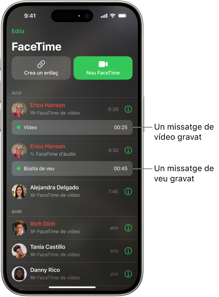 L’historial de trucades del FaceTime amb enllaços a un missatge de vídeo i a un missatge de veu.