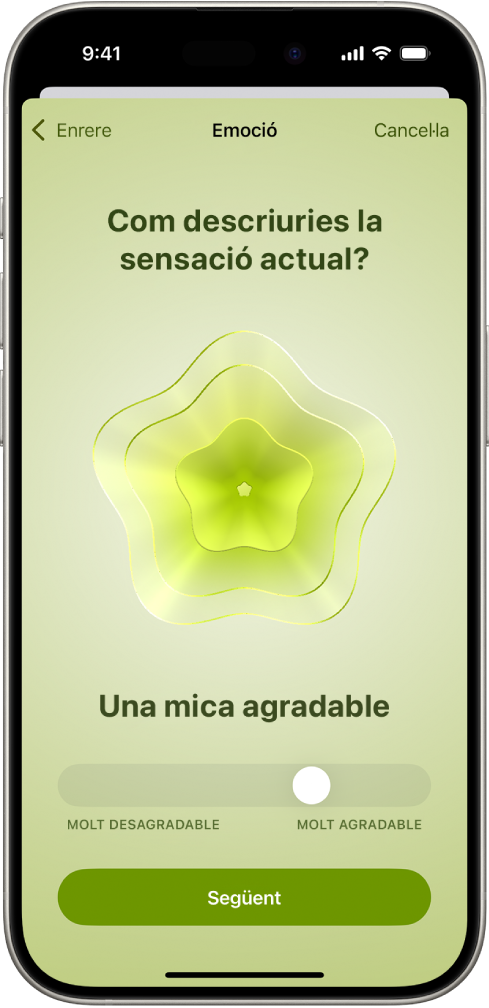 Pantalla de l’app Salut en què s’identifica l’estat d’ànim d’aquell moment com a “Una mica agradable”. A la part inferior de la pantalla hi ha un regulador per ajustar el nivell de l’emoció.