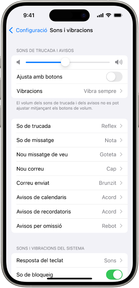 Pantalla “Sons i vibracions” a l’app Configuració. Les opcions que mostra la pantalla de dalt a baix són “Àudio dels auriculars” i “Audició segura amb auriculars”; “Volum dels sons de trucada i les alertes” amb un regulador per ajustar el volum i l’opció per canviar el volum amb botons; i “Sons i models de vibració”, inclosos “So de trucada” i “So de SMS”.