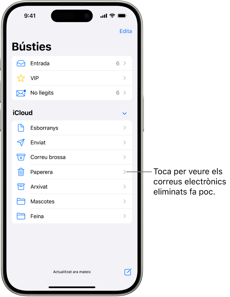 La pantalla “Bústies”. A sota d’“iCloud”, les bústies s’enumeren de dalt a baix, inclosa la bústia “Paperera”. Toca-la per veure els missatges eliminats fa poc.