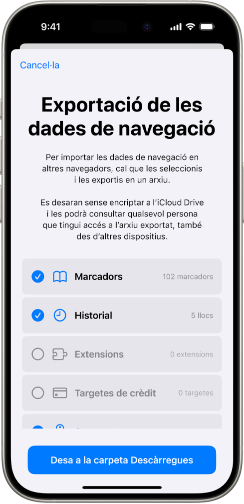 La pantalla d’exportació de les dades de navegació, en què es mostren les dades que es poden exportar del Safari a un altre navegador.